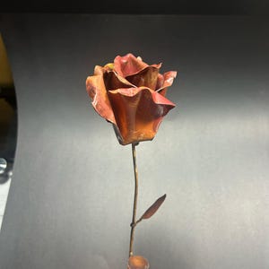 Könnte beinhalten: Eine handgefertigte Metallrosen-Skulptur mit kupferfarbener Oberfläche. Die Rose hat detaillierte Blütenblätter und einen Stiel mit zwei Blättern. Die Skulptur ist ein dekorativer Artikel, wahrscheinlich für die Inneneinrichtung oder als einzigartiges Geschenk.