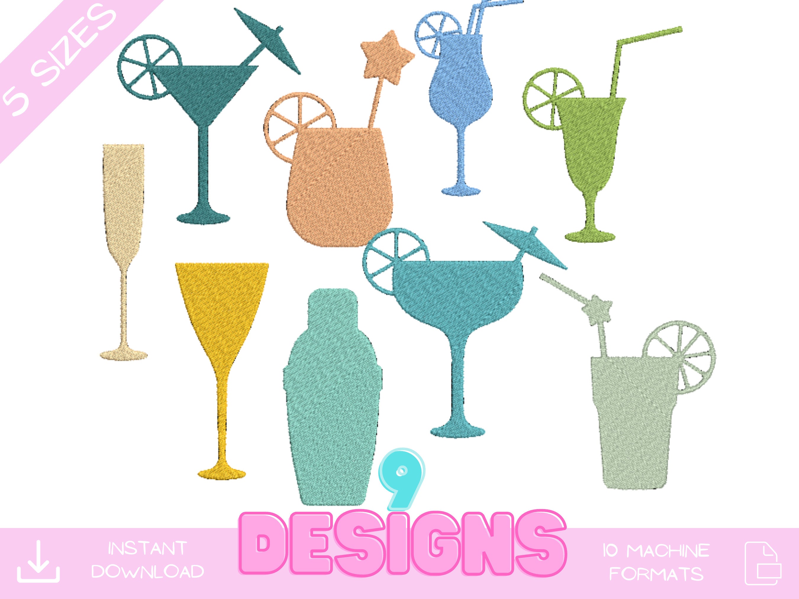 Cocktail Embroidery Designs 9 Machine Embroidery Design Etsy