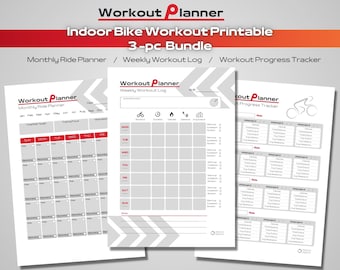 May include: Printable indoor bike workout planner bundle with three pages: a monthly ride planner, a weekly workout log, and a workout progress tracker. The pages are grey with red accents and feature a bicycle icon.