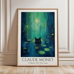May include: A framed art print featuring a black cat in a pond with lily pads, inspired by Claude Monet. The artwork has a green and blue color palette, with the artist's name and date at the bottom.