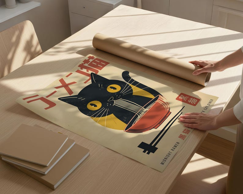 May include: A beige poster featuring a black cat eating ramen from a red bowl, with Japanese text. The poster is on a wooden table, next to a rolled-up brown paper tube and several beige notebooks. The poster's theme is related to food and cats.