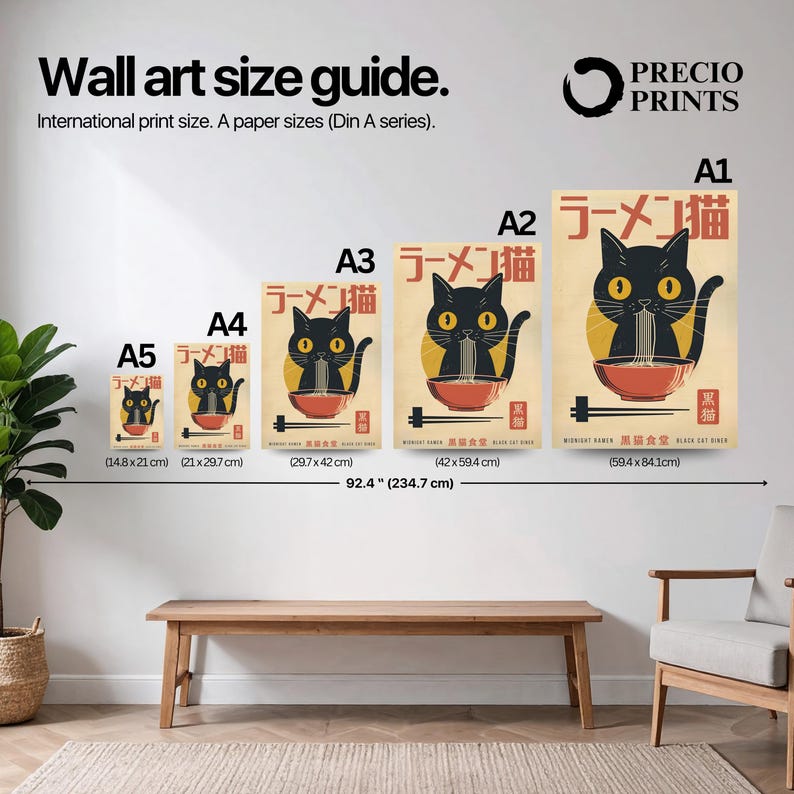 May include: Wall art size guide featuring a series of prints with a black cat design eating ramen. The prints are labeled A5 (5.8 x 8.3 inches) to A1 (23.4 x 33.1 inches). The text "Wall art size guide" is at the top.