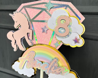 Unicorn & rainbow cake topper personalised | diamond and rainbow topper | custom cake | unicorn | rainbow theme | unicorn birthday | clouds