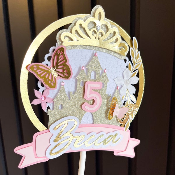 Prinses kasteel taart topper | kroon tiara verjaardagstaart decoratie | prinses thema | op maat gemaakte topper | gepersonaliseerde feestdecoraties