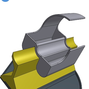 May include: A 3D printed phone stand with a grey base and a yellow, triangular support. The stand has a curved, grey phone holder that can be adjusted to different angles.