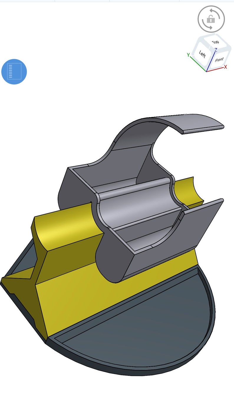May include: A 3D printed phone stand with a grey base and a yellow, triangular support. The stand has a curved, grey phone holder that can be adjusted to different angles.