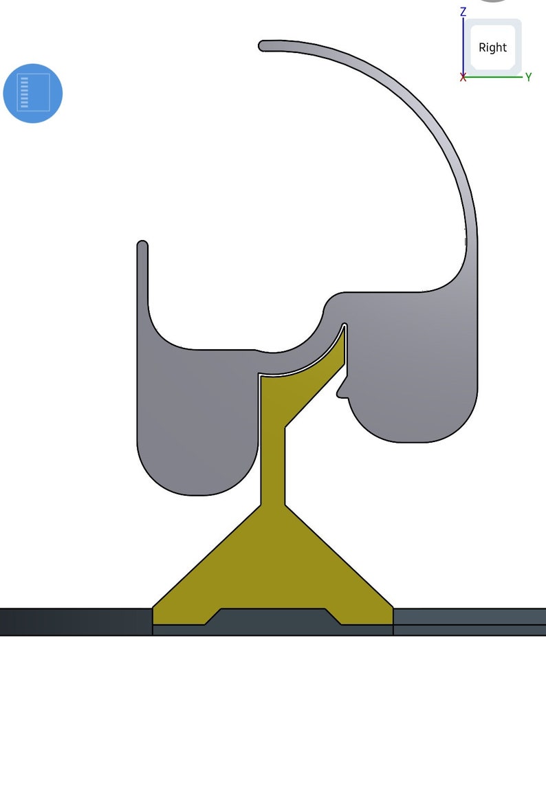 May include: A grey metal door stop with a curved top and a triangular base. The base is a dark yellow colour and sits on a black surface.