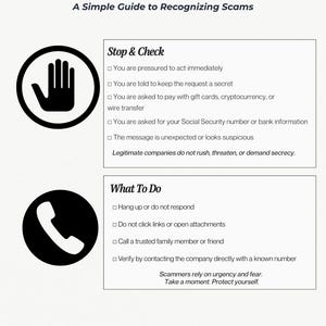 May include: A white document titled "Fraud Prevention Checklist" with black text. It provides a simple guide to recognising scams, with sections on what to stop and check, and what to do. There are also black graphic icons.