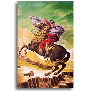 May include: A vintage print depicts a man in a red uniform riding a dark horse through a mountainous landscape. The man, wearing a hat and cape, points upward. The horse has a flowing mane and tail. The background features a green sky and snow-covered terrain.