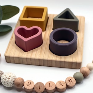 Silicone stacking blocks and pacifier chain in a set, customizable, gift set for birth