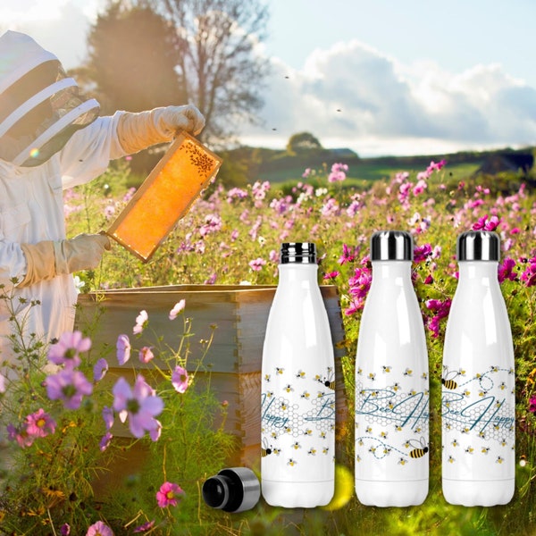 Bee Happy, Premium Stainless Steel Drinks Bottle 500ml, Bee Lovers flask