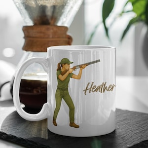 Personalised Clay Shooter Mug for Ladies – Blonde or Brown Hair Options – Custom Name – 11oz Ceramic Gift