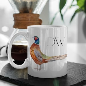Personalised Game Shooting Mug - Pheasant Design with Initials available in both 11oz and 15oz Jumbo Ceramic Mugs for Hunters