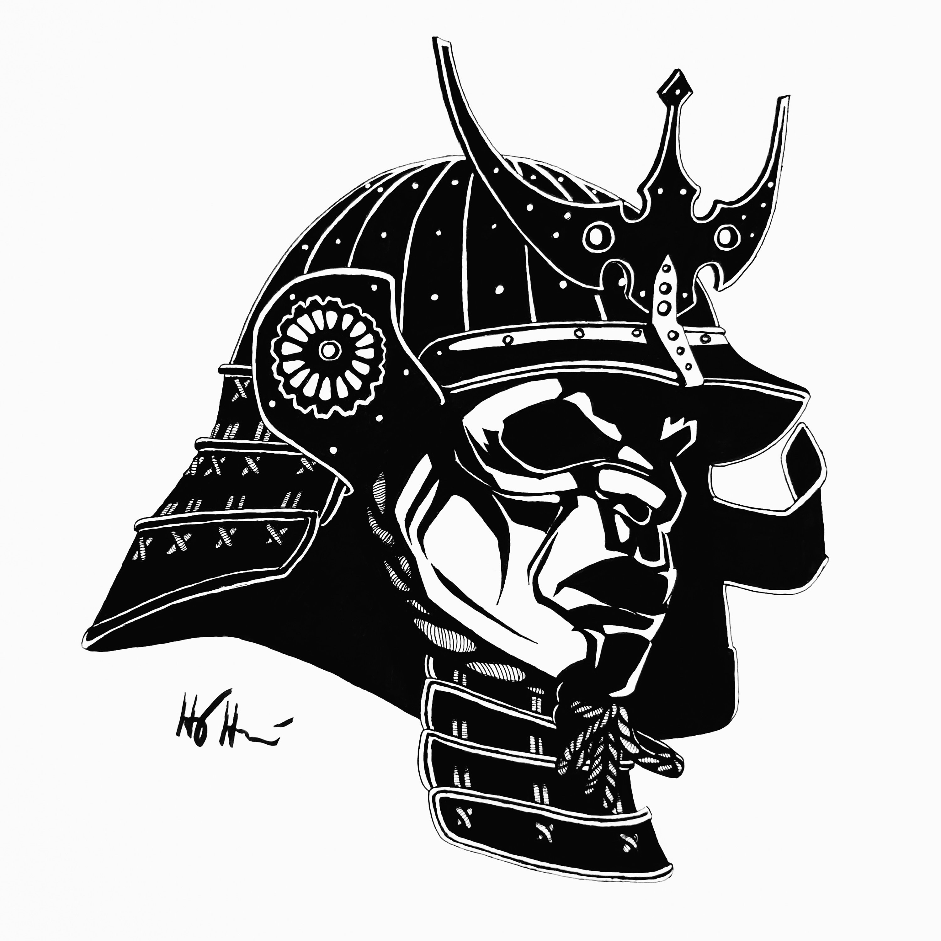 SAMURAI HELMET Archival Print Samurai Helmet Fine Art Print Pen and Ink