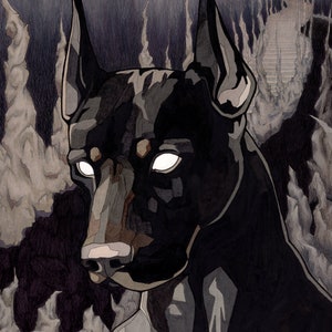 May include: A black dog illustration with pointed ears and glowing white eyes. The dog is depicted in a dark, textured environment with jagged, light-colored vertical shapes in the background, rendered in a high-contrast, graphic art style.