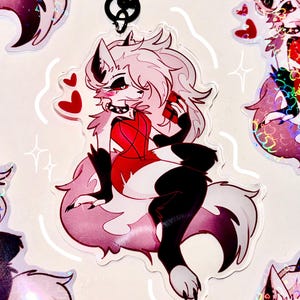May include: A pink and white anime character with red eyes and black hair. The character is wearing a red dress and black gloves. The character is holding a red heart in its hand. The character is surrounded by pink hearts.