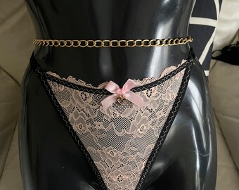 HW Thong black/peach  stretch lace. Adjustable. M/L