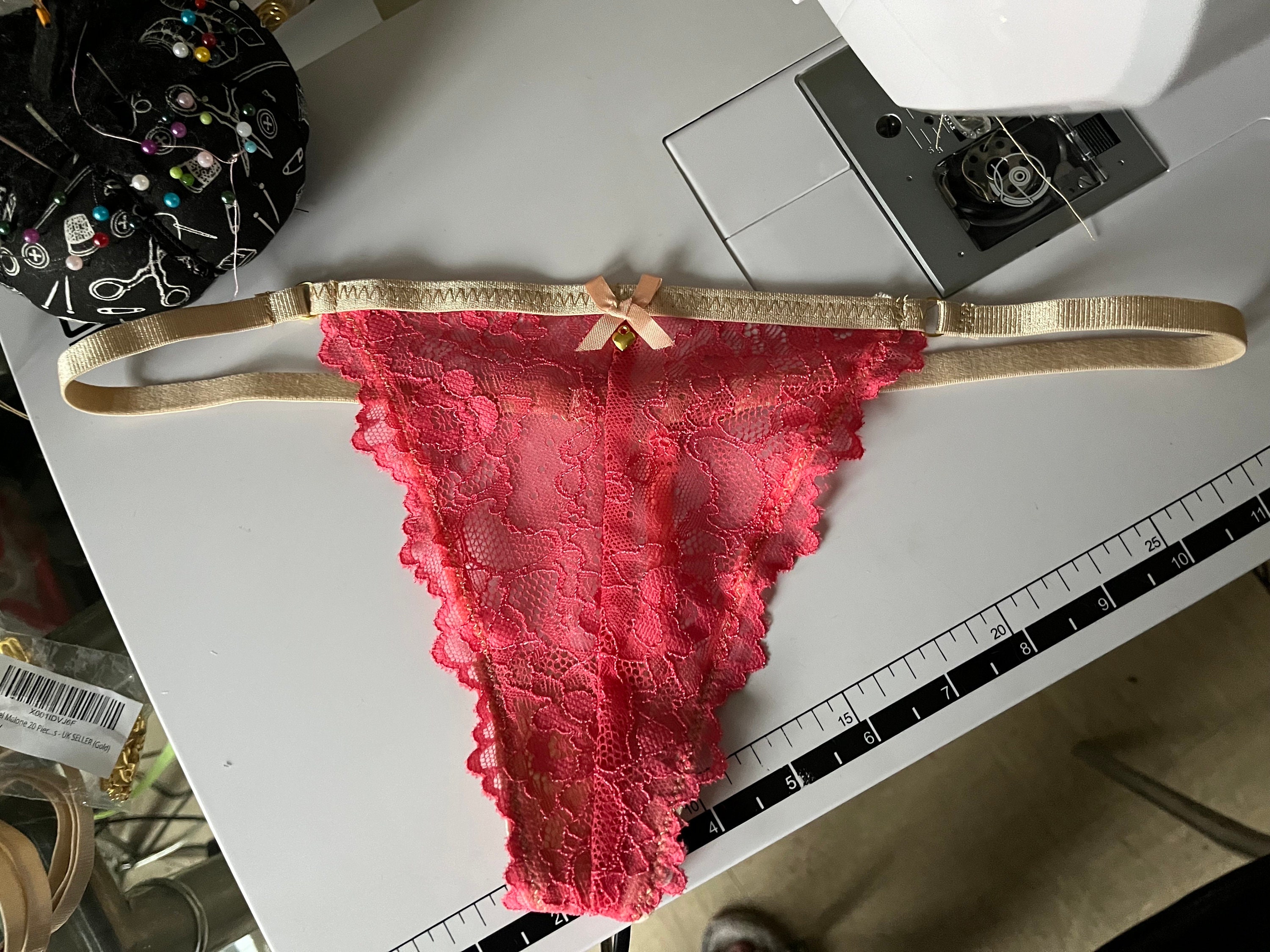 Sexy Sheer Lingerie Panties See Through G String Thong Luxury Gift for Her  in Transparent Coral Lace Not Crotchless but Hand Made 