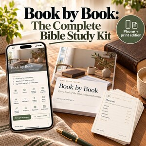 May include: A Bible study kit featuring a smartphone displaying the Book by Book app, a printed journal titled Book by Book, and a stack of study cards. The screen shows navigation icons for Bible sections. The journal cover includes the text Every book of the Bible, explained simply. A pen rests on a textured fabric surface.