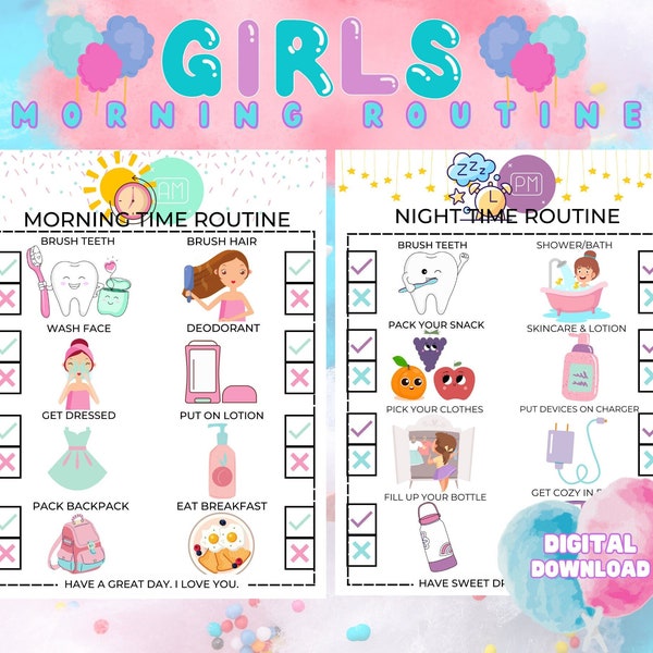 Pre Teen Girls School Morning & Night Checklist Printable, Checklist For Girls, Instant Download, Charts For Kids, To-Do List For Kids