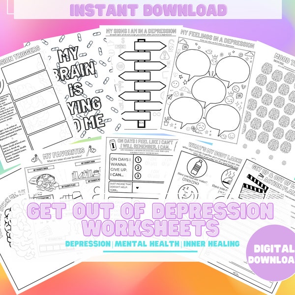 Printable Depression Worksheets, Self Help Worksheets,Mental Health Worksheets, Therapy Worksheets, Colorable worksheets