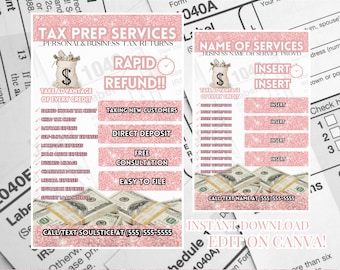 Pink Glitter Tax Prep Flyer, 2024 Tax Season, Business Flyer, Flyers for Small Business, Tax Services, Instant Download, Editable Template