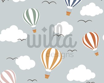 Patrón sin costuras de globo de aire caliente, patrón sin costuras de globo pastel, diseño de patrón de niño, diseño de archivo de tela, patrón de papel tapiz, patrón de niña