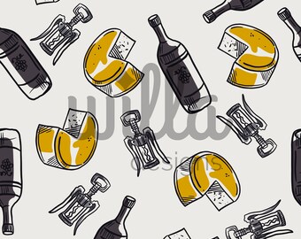 Patrón sin costuras de vino y queso, patrón de repetición de vino dibujado a mano, papel tapiz sin costuras, archivo digital para tela, patrón de cocina