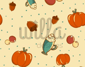 Archivo sin costuras de calabaza, patrón de superficie de otoño, archivo de ropa de bebé hecha a mano, patrón sin costuras de Acción de Gracias, costura neutra