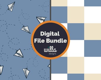 Bundle Paper Airplane seamless pattern, Blue Checked Seamless file, Digital checked Seamless, boys seamless pattern, digital file for fabric