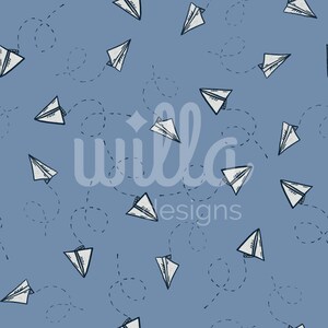 May include: A seamless pattern featuring white paper airplanes on a light blue background. The airplanes are drawn in a simple, hand-drawn style and are flying in different directions. The pattern is perfect for use in a variety of projects, such as fabric, wallpaper, and wrapping paper.