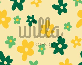 Patrón sin costuras de flores, verde y amarillo, patrón de superficie de primavera, impresión de papel tapiz, ropa para niños, archivo sin costuras de flores de primavera