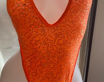 JILLYROCKS #95 1 Pc Neon orange sequin PBS swimsuit  RAVE  Festival bodysuit exotic wear