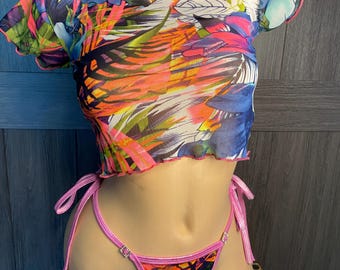 JILLYROCKS Multi farbige transparente Mesh-Crop-Top Exotic binden Seite String-Bikini, Stripper-Set Dessous