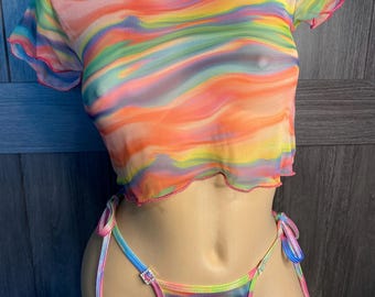 JILLYROCKS 2-teiliges sorbet Pastellfarbenes, transparentes Mesh-Crop-Top Exotisches Tanga-Dessous-Set mit seitlicher Schnürung