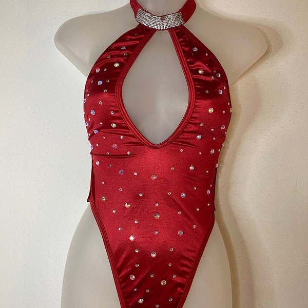 JILLYROCKS #41 1 pc red choker thong bodysuit crystal rhinestone bling bikini swimwear rave festival exotic dance wear stripper fit