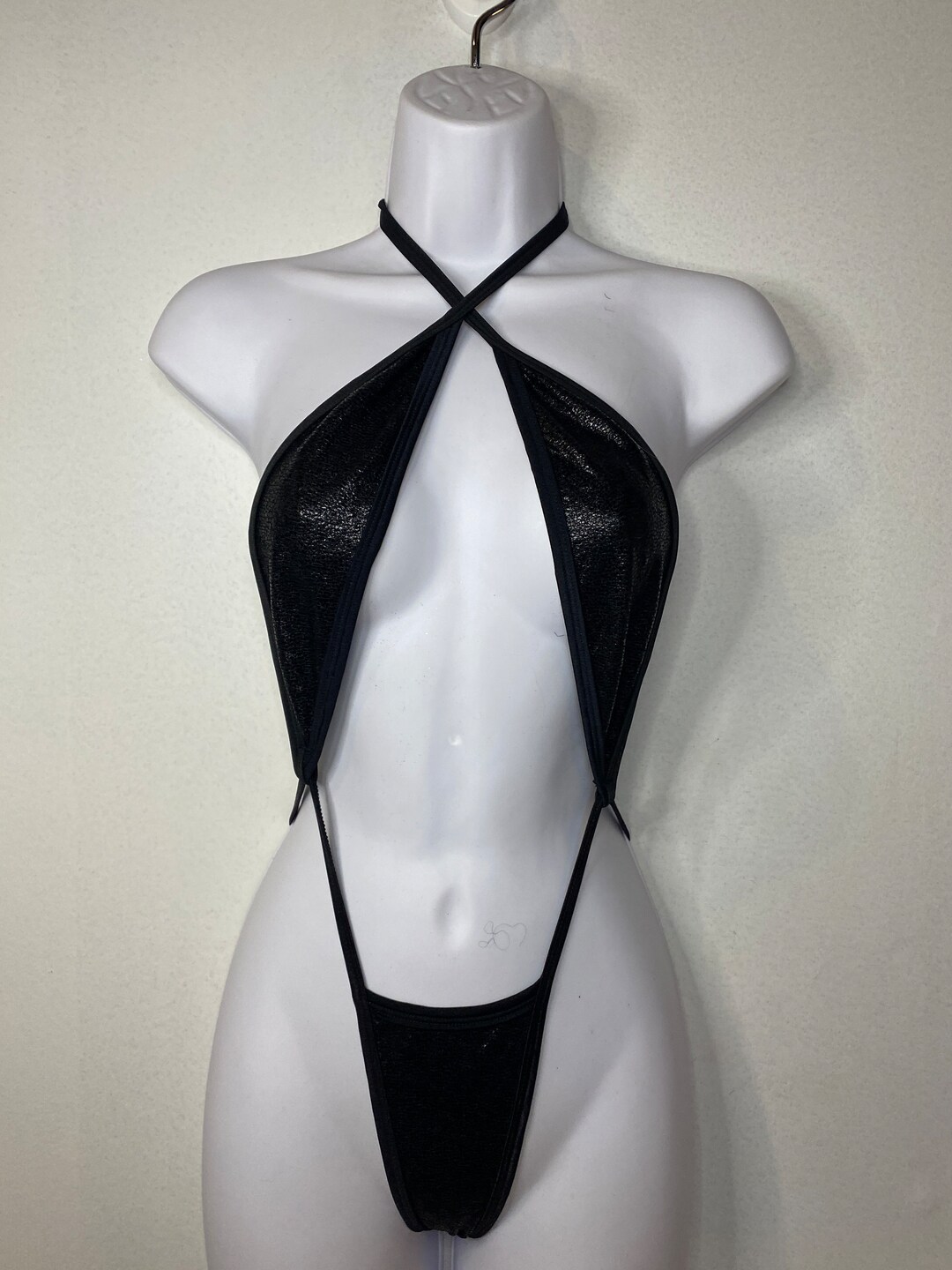 JILLYROCKS 51 1 PC Black Wet Look Thong Sligshot Bikini Sexy Swimwear