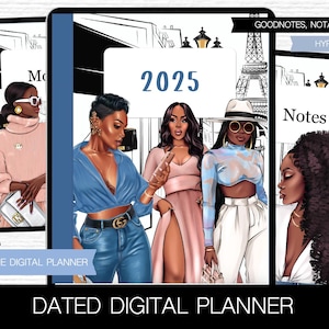 May include: A digital planner for 2025 with a Parisian theme. The cover features three women in stylish outfits, with the Eiffel Tower in the background. The text "GOODNOTES, NOTABILITY, ETC" and "HYPERLINKED" is visible at the top of the image.