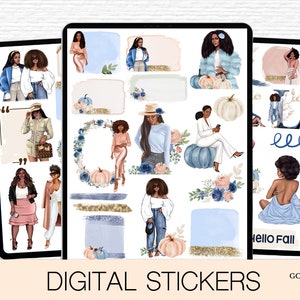 Op de afbeelding: Digitale stickers met illustraties van vrouwen in herfst-thema outfits, waaronder pompoenen, bladeren en bloemmotieven. De stickers zijn ontworpen voor gebruik in digitale planners en notitieboekjes.