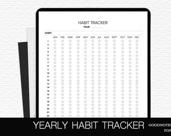 Puede incluir: Un rastreador de hábitos anual imprimible en blanco y negro con una cuadrícula de círculos para cada mes del año. El texto "HABIT TRACKER" y "YEARLY HABIT TRACKER" está impreso en la parte superior e inferior de la página. El texto "GOODNOTES PDF" está impreso en la esquina inferior derecha.