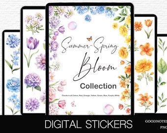 Flower stickers digital spring stickers april digital planner stickers ipad summer theme Pink purple florals decorative png sticker pack