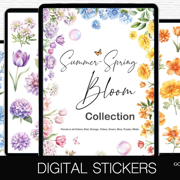 Flower stickers digital spring stickers april digital planner stickers ipad summer theme Pink purple florals decorative png sticker pack