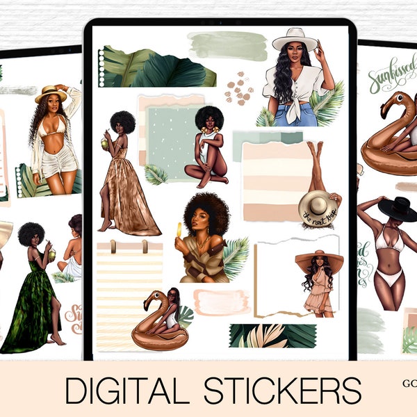 August 2024 Digital Stickers For Goodnotes, Pre- Cropped Stickers, SUMMER Theme GoodNotes Planner Stickers Black girls, July Monthly Sticker