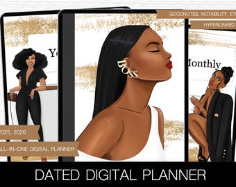 Black girl Digital Planner 2025 2026 Dated ipad journal Goodnotes Yearly planner Weeklly Notability Digital journal daily vertical notebook