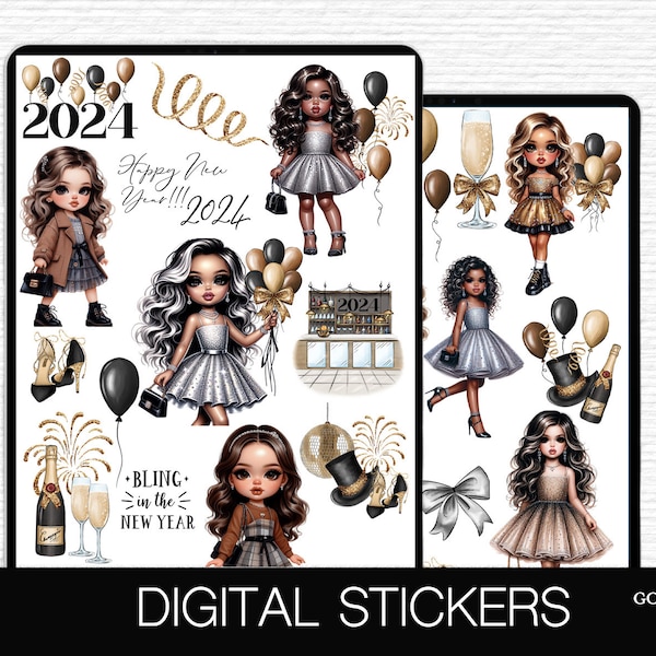 New Year digital planner stickers 2024 Goodnotes sticker kit Champagne chibi cartoons girls Bundle cheers Festive Cute January journal deco