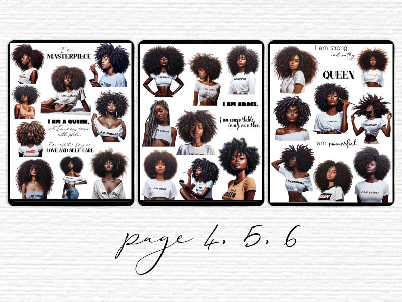 May include: A set of three digital planner stickers featuring black women with afro hairstyles and empowering messages. The stickers include phrases like "I am a Queen", "I am Grace", and "I am strong and worthy".