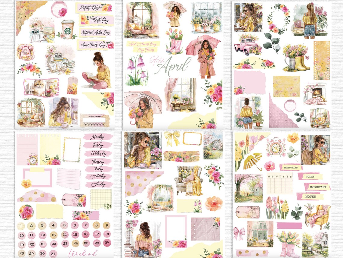 April Digital Planner Sticker for Goodnotes Pink Yellow Floral iPad ...