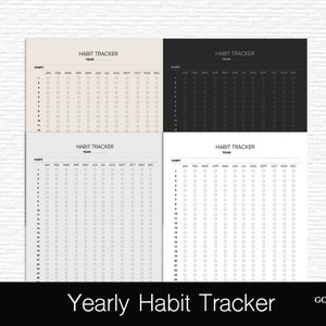 K&ouml;nnte beinhalten: Vier druckbare Habit-Tracker-Seiten in Schwarz, Wei&szlig;, Grau und Beige. Jede Seite hat eine Kopfzeile mit der Aufschrift "Habit Tracker" und einen Platz f&uuml;r das Jahr. Die Seiten sind in 31 Spalten f&uuml;r jeden Monat des Jahres und 30 Zeilen f&uuml;r jede Gewohnheit unterteilt. Jede Zeile hat einen Kreis zum Abhaken der Gewohnheit f&uuml;r jeden Tag.