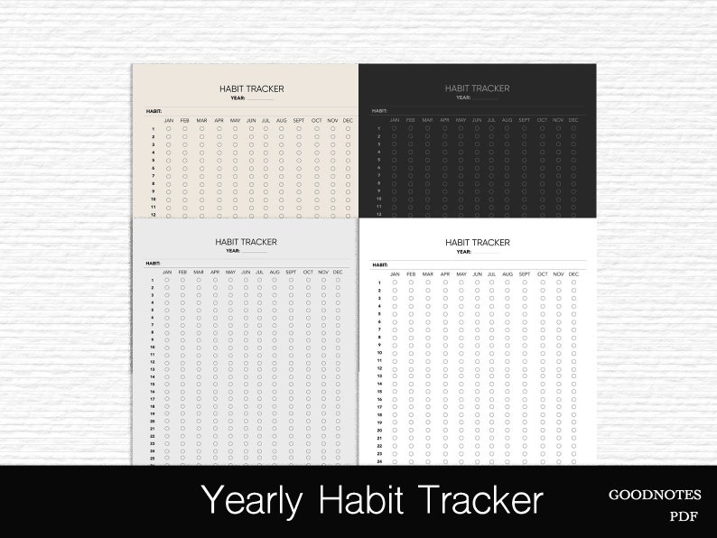 K&ouml;nnte beinhalten: Vier druckbare Habit-Tracker-Seiten in Schwarz, Wei&szlig;, Grau und Beige. Jede Seite hat eine Kopfzeile mit der Aufschrift "Habit Tracker" und einen Platz f&uuml;r das Jahr. Die Seiten sind in 31 Spalten f&uuml;r jeden Monat des Jahres und 30 Zeilen f&uuml;r jede Gewohnheit unterteilt. Jede Zeile hat einen Kreis zum Abhaken der Gewohnheit f&uuml;r jeden Tag.