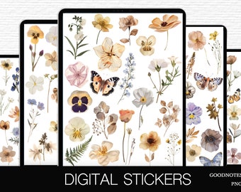 May include: Digital stickers featuring pressed flowers and butterflies in various colors, including white, yellow, pink, blue, brown, and green. The stickers are designed for Goodnotes and are in PNG format.